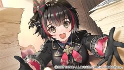 1girl black_hair blush bob_cut botticelli_(girls_creation) bow breasts copyright_name copyright_notice eyeliner fang girls_creation hair_bow hair_ornament large_breasts lips long_sleeves looking_at_viewer makeup multicolored_hair nauribon open_hand open_hands open_mouth outstretched_arms outstretched_hand palms reaching short_hair smile solo spread_fingers streaked_hair tsurime upper_body yellow_eyes