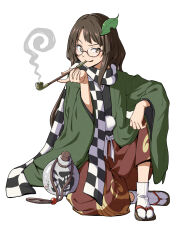 1girl bottle brown_eyes brown_hair brown_sandals checkered_clothes checkered_scarf commentary_request full_body futatsuiwa_mamizou glasses green_kimono highres inuno_rakugaki japanese_clothes kimono leaf leaf_on_head long_hair long_sleeves looking_at_viewer pants parted_bangs red_pants sake_bottle sandals scarf simple_background sitting smoking smoking_pipe socks solo tabi touhou white_background white_socks wide_sleeves