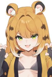 1girl :3 :d alternate_costume animal_ear_fluff animal_ears bikini blonde_hair breasts breasts_apart claw_pose commentary cropped elbow_gloves english_commentary fang fingerless_gloves gloves green_eyes grey_bikini grey_gloves hair_intakes hands_up highres jacket ju_fufu loli looking_at_viewer making-of_available medium_breasts moofie_(artist) multicolored_hair open_clothes open_jacket open_mouth paid_reward_available portrait short_sleeves sidelocks simple_background smile solo straight-on streaked_hair striped_hair swimsuit tiger_ears tiger_girl tiger_stripes tsurime underboob v-shaped_eyebrows white_background white_hair yellow_jacket zenless_zone_zero