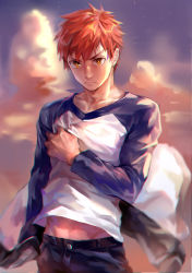 1boy bad_id bad_pixiv_id emiya_shirou fate/stay_night fate_(series) gradient_background highres male_focus nianbingzi orange_eyes raglan_sleeves red_hair solo