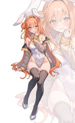 1girl @_@ bare_shoulders black_survival black_thighhighs breasts covered_navel detached_collar embarrassed eternal_return:_black_survival grey_jacket gyogyog hair_bun hand_up highleg highleg_leotard highres jacket leotard long_hair long_sleeves looking_at_viewer medium_breasts off_shoulder open_clothes open_jacket open_mouth orange_eyes orange_hair playboy_bunny shoes simple_background single_side_bun skindentation smile solo strapless strapless_leotard sweat thighhighs tia_(black_survival) very_long_hair white_background white_leotard white_shoes zoom_layer
