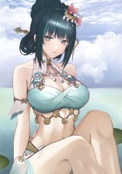 1girl absurdres alternate_costume breasts cleavage cloud cloudy_sky green_hair hair_ornament hairpin hanying:_solacetune_(pgr) hanying:_solacetune_(river_dancer)_(pgr) hanying_(pgr) highres large_breasts light_smile looking_at_viewer midriff mole mole_under_eye navel ocean official_alternate_costume punishing:_gray_raven sky smile solo swimsuit tirufing water