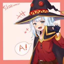 Rule 34 | 1girl, a (phrase), belt, blue eyes, border, cloak, commentary, cosplay, cowboy shot, derby (dabidabi), dress, fingerless gloves, flat chest, gawr gura, gloves, hair ornament, hat, hololive, hololive english, kono subarashii sekai ni shukufuku wo!, long hair, looking at viewer, megumin, megumin (cosplay), off-shoulder dress, off shoulder, open mouth, red dress, shark hair ornament, sharp teeth, simple background, smile, solo, teeth, virtual youtuber, white background, white hair, witch hat