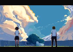 1boy 1girl aircraft airplane animated animated_gif apo_(rairaru20001) arms_at_sides back black_hair black_pants black_skirt black_socks blue_sky cloud day diffraction_spikes from_behind grass hair_ribbon kimi_no_na_wa. kneehighs letterboxed miyamizu_mitsuha outdoors pants pixel_art ponytail red_ribbon ribbon school_uniform shirt short_sleeves skirt sky socks standing tachibana_taki white_shirt wind