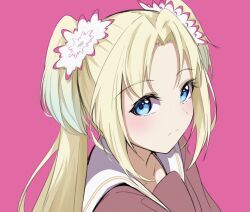 1girl blonde_hair blue_eyes blue_hair brown_dress collarbone commentary_request curtained_hair dress flower gradient_hair hair_flower hair_ornament hasu_no_sora_school_uniform highres link!_like!_love_live! looking_at_viewer love_live! multicolored_hair osawa_rurino parted_bangs pink_background pink_flower portrait sailor_collar sailor_dress school_uniform simple_background solo tomoe_(tomoe_200) twintails virtual_youtuber white_sailor_collar winter_uniform