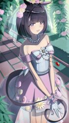 1girl absurdres animal_ears blush breasts bridal_veil chain_ma collarbone dress flower gloves hair_between_eyes hair_ornament highres horse_ears horse_girl jewelry looking_at_viewer necklace nishino_flower_(sweet_juneberry)_(umamusume) nishino_flower_(umamusume) official_alternate_costume purple_eyes small_breasts solo umamusume veil wedding_dress