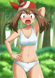 Rule 34 | 1girl, arm behind head, armpits, bandana, blue eyes, blurry, blurry background, blush, bra, breasts, brown hair, collarbone, commentary request, cowboy shot, forest, hand on own hip, kohta (my page), looking at viewer, may (pokemon), medium breasts, medium hair, nature, navel, nintendo, open mouth, panties, pokemon, pokemon rse, red bandana, solo, standing, stomach, textless version, training bra, underwear, underwear only, white bra, white panties
