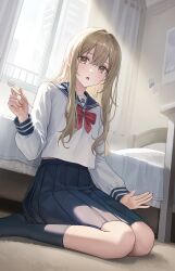 Rule 34 | 1boy, absurdres, androgynous, as4 s2, bed, bedroom, blonde hair, blue sailor collar, blue skirt, blush, bow, brown eyes, crossdressing, crossdressing (mtf), hanaoka makoto, highres, holding, indoors, long hair, long sleeves, looking at viewer, male focus, open mouth, pleated skirt, sailor collar, school uniform, senpai wa otokonoko, serafuku, shirt, sitting, skirt, solo, trap, wariza, white shirt, yellow eyes