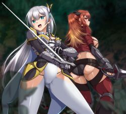 2girls allucia_citrus arm_armor armor ass bandeau belt black_bandeau black_belt black_panties black_ribbon black_scarf black_shorts blonde_hair blue_eyes bodystocking braid breastplate breasts cape cleavage closed_mouth commentary_request cropped_jacket fingerless_gloves gauntlets gloves goblin gradient_hair greaves grey_hair groin hair_between_eyes hair_ribbon hip_vent holding holding_sword holding_weapon jacket katainaka_no_ossan_kensei_ni_naru large_breasts leotard long_hair looking_at_viewer m.i.y micro_shorts multicolored_hair multiple_girls open_mouth outdoors paid_reward_available panties pauldrons red_eyes red_hair red_jacket red_thighhighs ribbon scarf shorts shoulder_armor sidelocks skindentation standing surena_lysandra sword thighhighs underwear weapon white_cape white_leotard