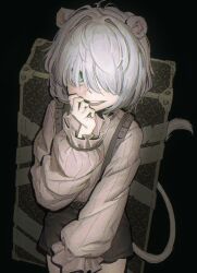 1girl absurdres animal_ears black_background black_shorts blue_eyes clauvio_(vtuber) commentary freckles grey_hair hair_between_eyes hair_over_eyes hand_to_own_mouth highres indie_virtual_youtuber looking_at_viewer massimo mouse_ears mouse_girl mouse_tail open_mouth shirt short_hair shorts solo suspender_shorts suspenders symbol-only_commentary tail teeth upper_teeth_only virtual_youtuber white_hair