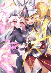 2girls armor blonde_hair breast_press breasts cape centur-ion_primera centur-ion_trudea closed_mouth collarbone commentary commission duel_monster highres holding holding_hands large_breasts long_hair looking_at_viewer medium_breasts multiple_girls open_mouth pink_eyes pink_hair red_cape red_eyes renka_(renkas) shoulder_armor skeb_commission thighhighs twintails very_long_hair white_armor yu-gi-oh!