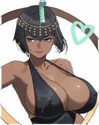 1girl aqua_eyes bare_shoulders black_hair breasts commentary d.k dark-skinned_female dark_skin eliza_(skullgirls) english_commentary eyeshadow gift_art heart huge_breasts looking_to_the_side makeup second-party_source short_hair simple_background skullgirls smirk solo upper_body white_background