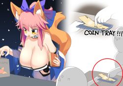 !? 1girl 2others animal_ears banknote blue_sleeves bow breasts choker cleavage commentary_request cowboy_shot detached_sleeves fate/extra fate_(series) fox_ears fox_girl fox_tail hair_bow highres holding holding_tray holding_wallet huge_breasts leaning_forward lets0020 long_hair looking_at_another looking_to_the_side money multiple_others open_mouth pink_hair purple_bow sagging_breasts sidelocks smile tail tamamo_(fate) tamamo_no_mae_(fate/extra) tray wallet white_choker yellow_eyes