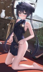absurdres bare_legs barefoot black_dress black_hair blue_archive blush braid braided_bun butterfly_hair_ornament china_dress chinese_clothes clothes_lift double_bun dragon_print dress dress_lift feet grey_eyes hair_bun hair_ornament halo highres kisaki_(blue_archive) kneeling legs looking_at_viewer nay pelvic_curtain print_dress short_dress sleeveless sleeveless_dress toes twintails