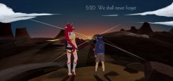 00s 1boy 1girl back bad_id bad_pixiv_id bikini bikini_top_only blue_hair boots cape cataclysm9 couple fingerless_gloves gloves goggles grave hetero jacket katana long_hair red_hair scarf self-upload simon_(ttgl) star_(symbol) sunset swimsuit sword tattoo tengen_toppa_gurren_lagann volcano weapon yoko_littner