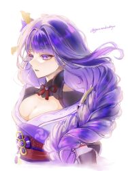 1girl braid braided_ponytail breasts cleavage commentary cropped_torso genshin_impact gunocha hair_ornament hashtag-only_commentary highres japanese_clothes kimono large_breasts long_hair mitsudomoe_(shape) obi obiage obijime parted_lips purple_eyes purple_hair purple_kimono raiden_shogun red_sash sash shrug_(clothing) simple_background single_braid solo tomoe_(symbol) twitter_username white_background