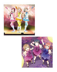 6+girls aqua_eyes arm_up artbook blue_bow blue_dress blue_eyes blue_hair blue_skirt boots bow brown_hair daisuki_dattara_daijoubu! dress gloves grey_hair hair_bow hair_bun hair_ornament hair_ribbon hand_on_own_hip highres holding_hands kunikida_hanamaru kurosawa_ruby long_hair looking_at_viewer love_live! love_live!_sunshine!! miniskirt multiple_girls non-web_source official_alternate_costume official_art one_eye_closed open_mouth orange_hair pink_dress pink_gloves pink_skirt pleated_skirt purple_dress purple_gloves red_eyes red_hair ribbon sakurauchi_riko shirt short_hair skirt sleeveless sleeveless_dress sleeveless_shirt smile stage standing takami_chika thighhighs tsushima_yoshiko twintails watanabe_you yellow_dress yellow_eyes yellow_skirt zettai_ryouiki