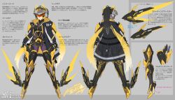 Rule 34 | 1girl, an-chang, animal ears, boots, cat ears, character profile, commentary request, commission, from behind, full body, grey background, high heels, mecha musume, mechanical legs, multiple views, notes, original, pointing out the details, qr code, reference sheet, signature, simple background, skeb commission, solo, standing, thrusters, translation request, turnaround