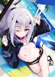 1girl beach bikini black_bikini black_jacket breasts cropped_jacket dragon_wings fate/grand_order fate_(series) fingernails forked_eyebrows high_ponytail highres hitsujibane_shinobu jacket jewelry long_hair long_sleeves looking_at_viewer lying melusine_(fate) melusine_(swimsuit_ruler)_(fate) melusine_(swimsuit_ruler)_(first_ascension)_(fate) nail_polish navel nipples on_side one_eye_closed ponytail sandals shore shrug_(clothing) sidelocks small_breasts smile solo swimsuit tail thighlet thighs variant_set white_hair wings yellow_eyes