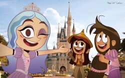 3girls andrea_davenport artist_name black_eyes blue_hair brown_hair brown_vest castle cloud commentary cosplay crossover dark_skin disney disneyland dress english_commentary eyeshadow fingerless_gloves freckles gloves green_gloves green_pants hat highres joseartcentenoofficial libby_stein-torres long_hair long_sleeves looking_at_viewer makeup molly_mcgee multiple_girls open_mouth orange_shirt pants puffy_sleeves purple_dress raised_eyebrows rapunzel_(disney) rapunzel_(disney)_(cosplay) raya_(ratld) raya_(ratld)_(cosplay) raya_and_the_last_dragon shirt short_sleeves signature single_glove sky smile sofia_(disney) sofia_(disney)_(cosplay) sofia_the_first standing tangled teeth the_ghost_and_molly_mcgee tiara very_long_hair vest