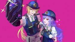 1boy 1girl black_gloves blonde_hair blue_eyes blue_hat breasts cellphone checkered_necktie collared_shirt drill_hair gloves green_necktie hair_between_eyes hat highres holding holding_phone holding_whip hugo_vlad long_hair necktie official_alternate_costume one_eye_closed open_mouth phone pink_background pointy_ears police police_uniform purple_hair red_eyes selfie shirt simple_background smartphone sparkle twitter_username vivian_banshee whip white_gloves white_shirt yurika48597221 zenless_zone_zero