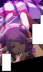 1boy 1girl 69 back_bow blush bow commentary_request double_bun dress fellatio garter_straps grabbing_another&#039;s_ass groping hair_bun hetero high_priest_(ragnarok_online) long_hair mr.romance open_mouth oral penis pointy_ears purple_hair ragnarok_online red_dress red_eyes solo_focus thighhighs uncensored white_bow white_thighhighs