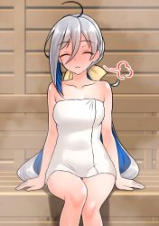 1girl absurdres ahoge bow breasts closed_eyes collarbone commentary_request facing_viewer furaggu_(frag_0416) grey_hair hair_between_eyes hair_bow highres kantai_collection kiyoshimo_(kancolle) legs long_hair low_twintails naked_towel sauna sitting solo thighs towel twintails variant_set wooden_wall yellow_bow