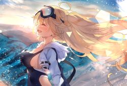 Rule 34 | 1girl, ahoge, azur lane, blonde hair, bluecher (azur lane), bluecher (high-altitude head over heels) (azur lane), blush, breasts, cleavage, commentary, from side, goggles, heaven&#039;s melody, highres, large breasts, long hair, mountain, official alternate costume, open mouth, outdoors, red eyes, shrug (clothing), sideboob, ski goggles, smile, snow, snowboard, solo, sunset, two side up, white shrug