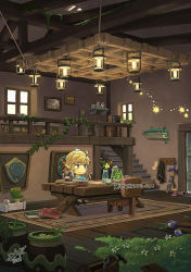 bettykwong bird blonde_hair blue_eyes book boots chair chibi door eating fingerless_gloves gloves grass house hylian_shield korok link looking_at_another master_sword nintendo plant pointy_ears pot shield smile sword table the_legend_of_zelda the_legend_of_zelda:_breath_of_the_wild toolbox triforce vase vines watermark weapon web_address window