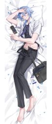 1boy absurdres ayaka_(genshin_impact) bag barefoot belt black_male_underwear black_pants black_shirt blue_hair calvin_klein dakimakura_(medium) dakimakura_(object) emong feet genshin_impact hair_between_eyes highres kamisato_ayato long_hair looking_at_viewer lying male_focus male_underwear midriff navel open_clothes open_shirt pants pillow purple_eyes school_uniform shirt short_hair short_hair_with_long_locks smile solo stomach thoma_(genshin_impact) toes underwear white_shirt
