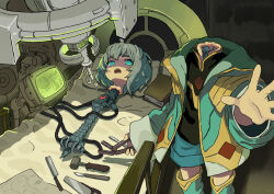 1girl amputee bed blue_eyes book boots cyborg disembodied_head grey_hair hammer headless jacket knee_boots knife long_sleeves lying mechabare monitor original saw short_hair short_shorts shorts solo spine standing surprised vanilla_(vanillaklein) vanillaklein