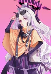 1girl absurdres ahoge bag blue_archive demon_girl demon_horns demon_wings eyewear_on_head headphones highres hina_(blue_archive) holding holding_bag horns long_hair looking_at_viewer purple_eyes sdrangers solo standing tagme white_hair wings