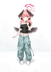 1girl alternate_costume aqua_pants arm_at_side baggy_pants black_scrunchie black_shirt black_wings blue_archive blush bra_strap cargo_pants closed_mouth commentary_request embarrassed feathered_wings full_body hair_ornament hair_scrunchie halo head_wings highres koharu_(blue_archive) loli long_hair looking_at_viewer low_twintails low_wings lowleg lowleg_pants matmaj off-shoulder_shirt off_shoulder panties pants panty_peek pink_eyes pink_hair pink_halo raised_inner_eyebrows scrunchie shirt shoes short_sleeves sneakers solo standing twintails underwear wavy_mouth white_background white_panties white_shoes wings