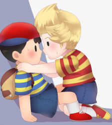 bad_tag black_hair blonde_hair blush child hat lucas_(mother_3) mother_(series) mother_2 nervous ness ness_(mother_2) nintendo red_hat shirt shota sjsj_10 striped_clothes striped_shirt super_smash_bros.