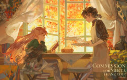 1boy 1girl absurdres animal_skull apron artist_name autumn book book_stack brown_eyes brown_hair closed_mouth commission commissioner_name crossed_legs curtains ema3 feet_out_of_frame floating_hair green_shirt grey_pants highres holding holding_book holding_plate indoors light_smile long_hair long_sleeves on_stool orange_hair original pants plant plate ponytail potted_plant reading red_hair scarf scroll shirt short_ponytail sitting skeb_commission sleeves_rolled_up standing steaming_food stool table tablecloth white_apron wind window