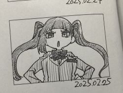 1girl 2025 :o alternate_breast_size bleach breasts chibi dated dokugamine_riruka fingernails hands_on_own_hips hanya_(hanya_yashiki) highres long_hair looking_at_viewer monochrome photo_(medium) school_uniform simple_background solo traditional_media tsundere twintails very_long_hair white_background