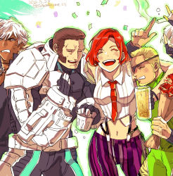 alcohol angel_(kof) beard beer beer_mug blonde_hair cup cyborg dark-skinned_male dark_skin drinking drunk eyepatch facial_hair fingerless_gloves gloves highres index_fingers_raised k&#039;_(kof) kuriharax maxima mug pants ramon_(kof) shirt sideburns striped_clothes striped_pants striped_shirt suspenders the_king_of_fighters the_king_of_fighters_xiv vanessa_(kof) vertical-striped_clothes vertical-striped_pants vertical-striped_shirt white_hair