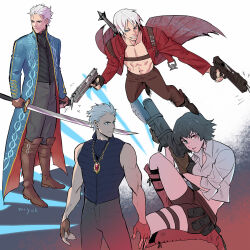 Rule 34 | 1girl, 2boys, artist name, bike shorts, black hair, blue coat, blue eyes, boots, brown boots, brown gloves, coat, dante (devil may cry), devil may cry, devil may cry (series), devil may cry 3, ebony &amp; ivory, fingerless gloves, gloves, green eyes, gun, heterochromia, holding, holding gun, holding rocket launcher, holding sword, holding weapon, kalina ann (weapon), lady (devil may cry), midriff, miyuli, multiple boys, multiple views, red coat, red eyes, rocket launcher, shirt, sleeveless, sleeveless shirt, sword, sword on back, vergil (devil may cry), weapon, weapon on back, white hair, yamato (sword)