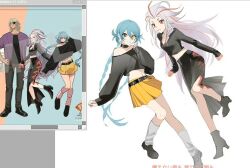 Rule 34 | 1boy, 2girls, ai the somnium files, ai the somnium files: nirvana initiative, aiba (ai the somnium files), black boots, black choker, black jacket, black shirt, black shoes, blue hair, boots, braid, choker, closed mouth, cropped jacket, grey eyes, heterochromia, illowine, jacket, long hair, looking at viewer, low twin braids, multicolored hair, multiple girls, off-shoulder shirt, off shoulder, official art inset, okiura mizuki, open mouth, pleated skirt, red eyes, red hair, reference inset, shirt, shoes, simple background, skirt, smile, socks, streaked hair, twin braids, very long hair, white background, white hair, white socks, yellow eyes, yellow skirt
