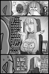 ! !! 1boy 1girl 3koma ? ahegao bald blush breasts choker collarbone comic covering_own_mouth drooling ear_piercing earrings ekz_(robotekz) english_text facial_mark greyscale heart heart_facial_mark highres jewelry large_breasts long_hair monochrome multicolored_hair original piercing shirt speech_bubble spoken_exclamation_mark spoken_question_mark tongue tongue_out two-tone_hair