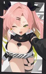 1girl ;d absurdres artist_name black_border border breasts cleavage commentary_request cowboy_shot earrings gradient_hair green_eyes green_hair hair_ornament hairclip heart heart_earrings heart_necklace highres hitsujino_mery jewelry large_breasts long_hair looking_at_viewer mole mole_on_breast mole_on_thigh mole_under_eye multicolored_hair necklace nicole_demara one_eye_closed open_mouth pink_hair single_thighhigh smile strapless thighhighs torn_clothes torn_thighhighs tube_top two-tone_hair two_side_up white_tube_top zenless_zone_zero