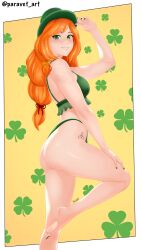 1girl absurdres artist_name ass barefoot blush body_freckles bra breasts clover crush_crush feet female_focus freckles from_side gluteal_fold green_bra green_eyes green_hat green_nails green_panties hair_ribbon hand_on_own_thigh hat highleg highleg_panties highres leg_up lips looking_at_viewer medium_breasts nail_polish nina_(crush_crush) orange_hair panties paravet red_ribbon ribbon sideboob smile soles solo standing standing_on_one_leg tattoo teeth thighs toenail_polish toenails toes twitter_username underwear yellow_ribbon