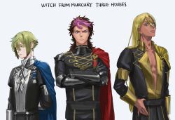 3boys arm_behind_back armored_gloves bare_pectorals black_pants blonde_hair blue_cape blue_eyes brown_hair cape chestnut_ann closed_mouth collared_jacket commentary_request crossed_arms crossover dark-skinned_male dark_skin elan_ceres english_text fire_emblem fire_emblem:_three_houses frown garreg_mach_monastery_uniform green_eyes green_hair guel_jeturk gundam gundam_suisei_no_majo hair_behind_ear hair_between_eyes hand_on_own_hip head_tilt highres jacket lapels long_hair long_sleeves looking_at_viewer male_focus multicolored_hair multiple_boys necktie nintendo open_clothes open_jacket pants parted_lips pectorals pink_hair popped_collar red_cape school_uniform shaddiq_zenelli side_cape simple_background sleeve_cuffs teeth v-shaped_eyebrows very_long_hair white_background yellow_cape