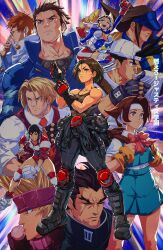 4girls 6+boys absurdres ayuhara_natsu backpack bag baseball_cap biker_clothes bikesuit bodysuit breasts cleavage david_liu gloves hat headband highres ichimonji_batsu justice_gakuen kagami_kyousuke kazama_akira kazama_daigo knee_pads moero!_justice_gakuen multiple_boys multiple_girls muscular muscular_female roberto_miura roy_bromwell sawamura_shouma scar standing tiffany_lords visor_cap volleyball wakaba_hinata yamada_eiji