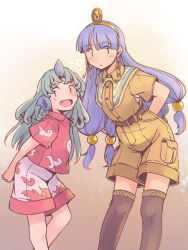 2girls black_thighhighs blue_eyes blue_hair brown_background brown_hair brown_shirt brown_shorts cloud_print curly_hair earrings feet_out_of_frame gold_headdress gradient_background green_eyes green_hair horns jewelry key_earrings komano_aunn leaning_forward long_hair michigami_nareko multiple_girls rangycrow red_shirt shirt short_sleeves shorts single_horn thighhighs touhou usekh_collar white_shorts