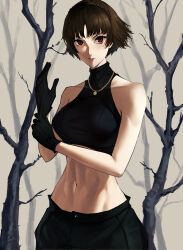 1girl abs absurdres adjusting_clothes adjusting_gloves bare_tree black_gloves black_pants black_shirt breasts brown_hair commentary gloves highres jewelry looking_at_viewer madoro_q medium_breasts midriff navel necklace niijima_makoto pants parted_lips persona persona_5 red_eyes shirt short_hair sleeveless sleeveless_shirt solo stomach teeth tree turtleneck turtleneck_shirt