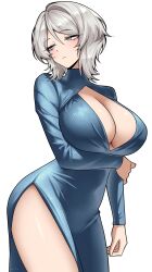 1girl absurdres alternate_costume backless_dress backless_outfit blue_dress blue_eyes blush breasts cleavage cleavage_cutout clothing_cutout dress evening_gown faust_(project_moon) hand_on_own_arm highres limbus_company long_sleeves looking_to_the_side project_moon short_hair simple_background solo thick_thighs thighs turtleneck turtleneck_dress vvernerluniq white_background white_hair