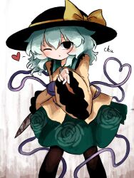 1girl black_eyes black_hat black_pantyhose blood bloody_knife blowing_kiss bow commentary_request contrast_collar feet_out_of_frame floral_print frilled_shirt_collar frilled_sleeves frills green_hair green_skirt hat hat_bow hat_ribbon heart heart_of_string heripantomorrow holding holding_knife holding_weapon knife komeiji_koishi long_sleeves medium_hair one_eye_closed pantyhose print_skirt ribbon rose_print shirt skirt solo spoken_heart standing touhou weapon wide_sleeves yellow_bow yellow_ribbon yellow_shirt