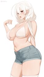 1girl :d arm_behind_back artist_name bikini bikini_top_only breasts brown_eyes commentary cownose_ray denim denim_shorts english_commentary hair_between_eyes highres iwbitu large_breasts long_hair low_twintails navel nyopu open_mouth original short_shorts shorts simple_background smile solo stomach swimsuit thick_thighs thighhighs thighs twintails twitter_username white_background white_hair white_thighhighs