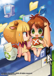 2008 2girls animal_ears barefoot blonde_hair blunt_bangs blush_stickers character_request chibi chibi_only copyright_notice cursor green_eyes green_shirt holding looking_at_another mao_yu microsoft_windows mini_person minigirl multiple_girls open_mouth original red_eyes shirt short_sleeves sidelocks signature single_blush_sticker sitting smile sweatdrop tail trash_can ukagaka watermark web_address wide-eyed window_(computing) windows_xp yellow_shirt